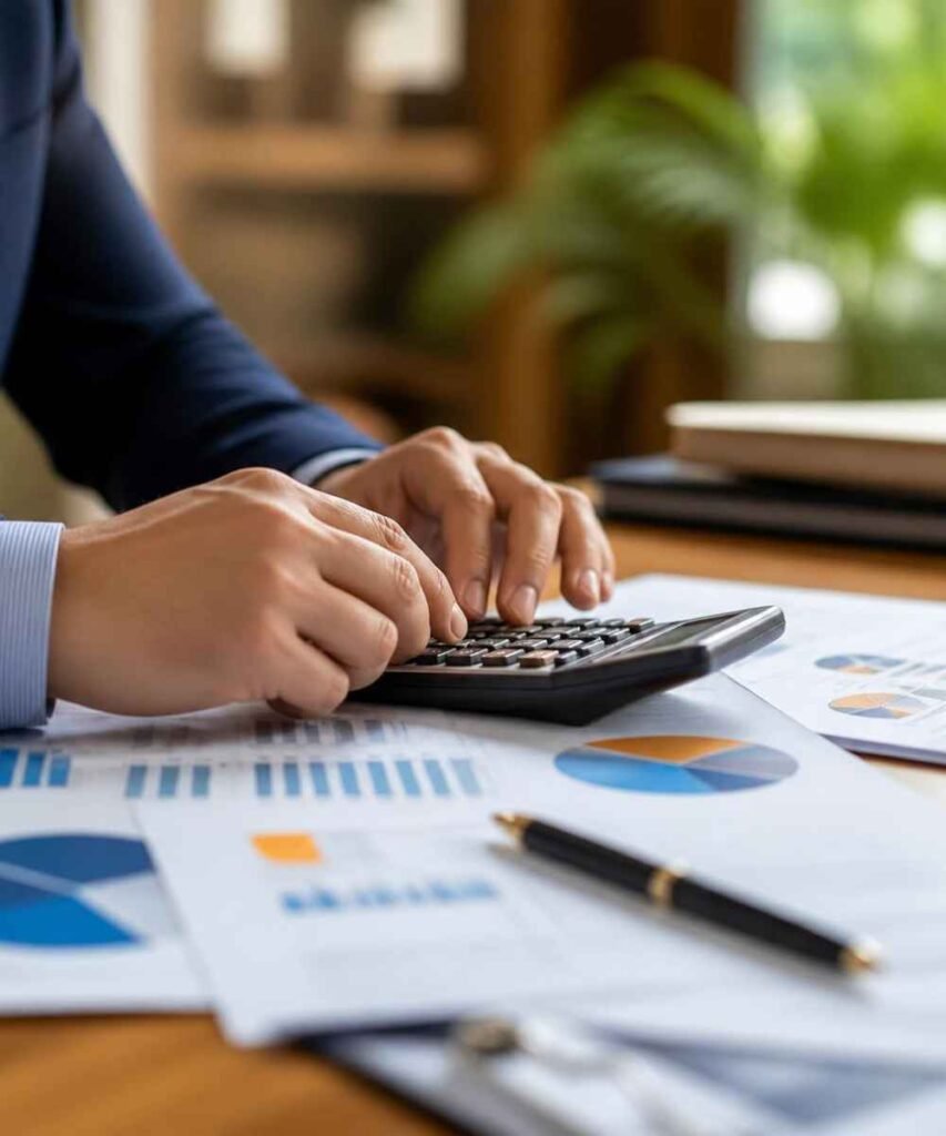 Financial analyst working with balance sheets