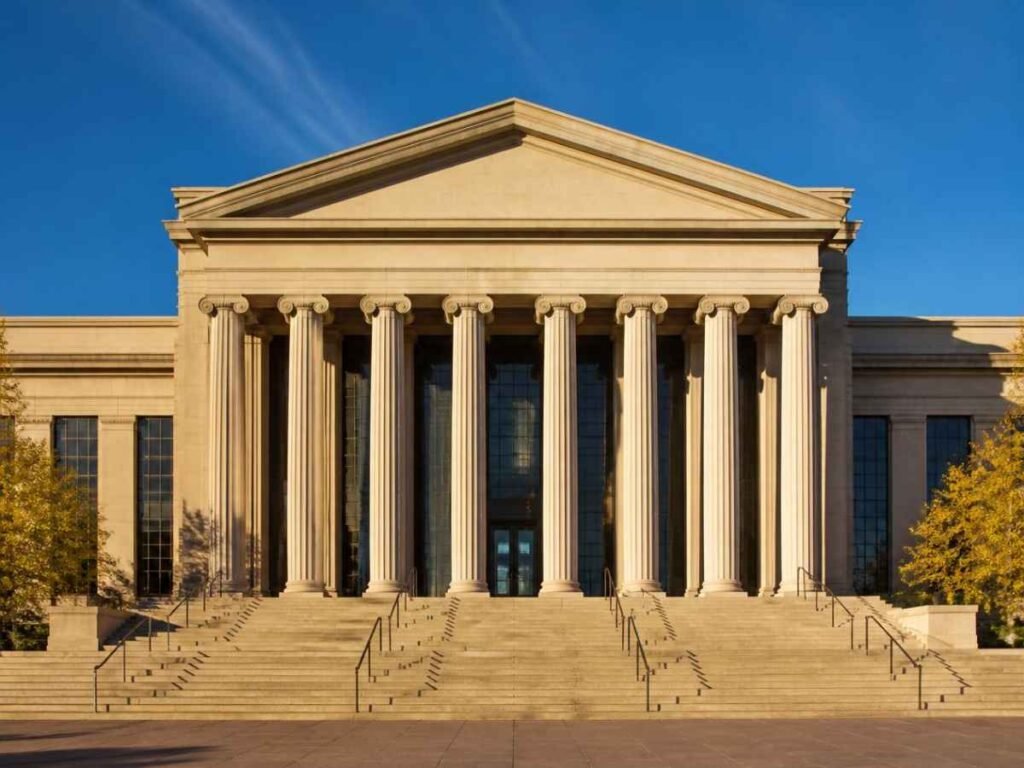 Modern institutional building facade conveying regulation