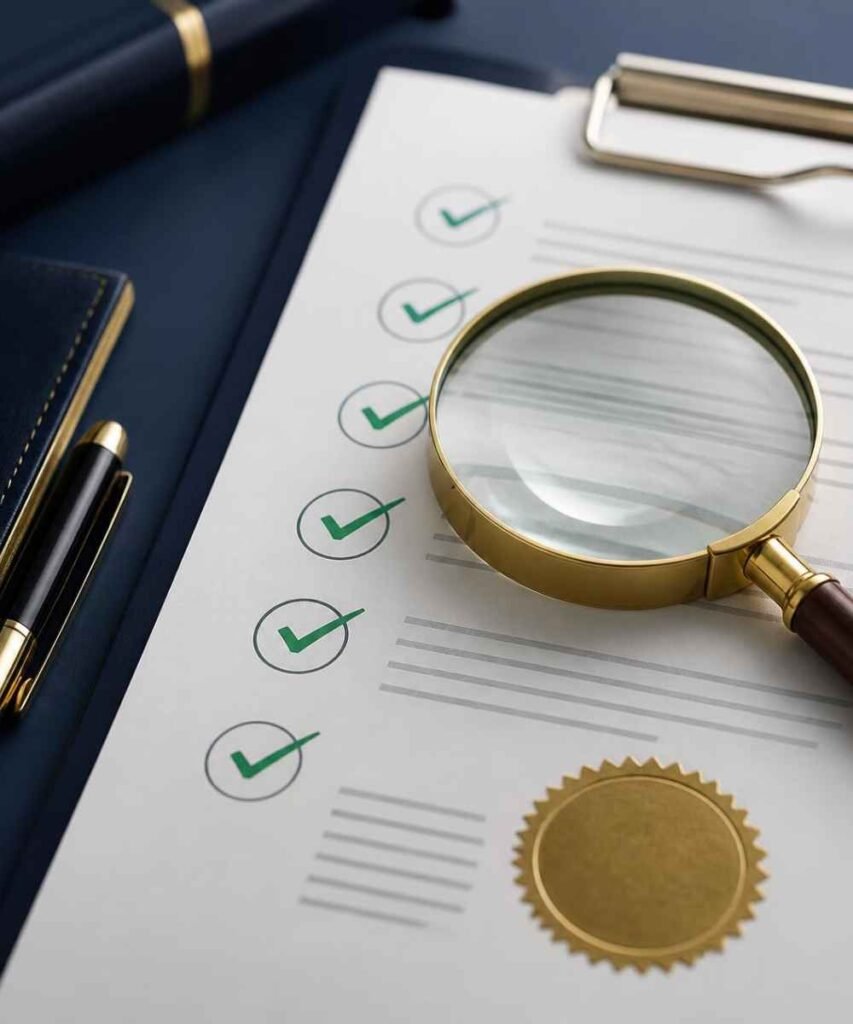 Document compliance verification with checklist and stamp