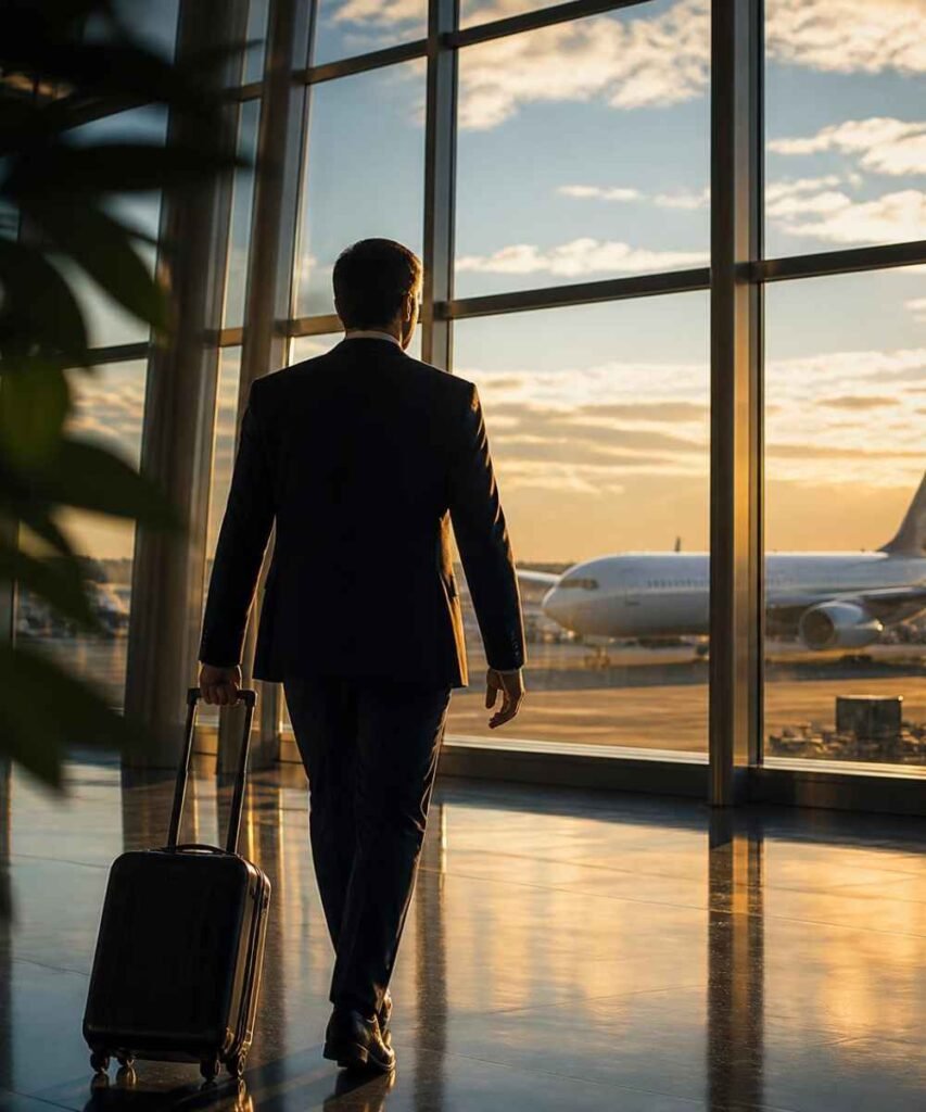 Business traveller at airport expanding to new market