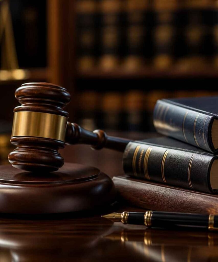 Legal gavel with law books and fountain pen