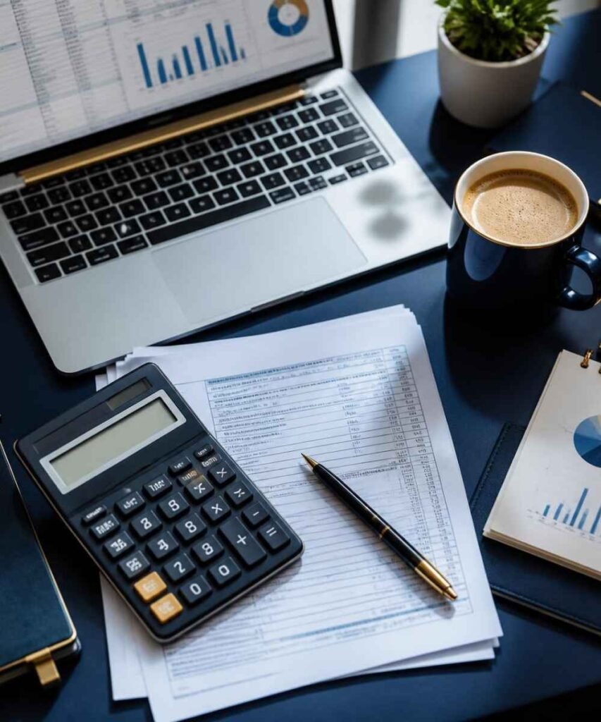 Tax accountant desk with returns and financial charts