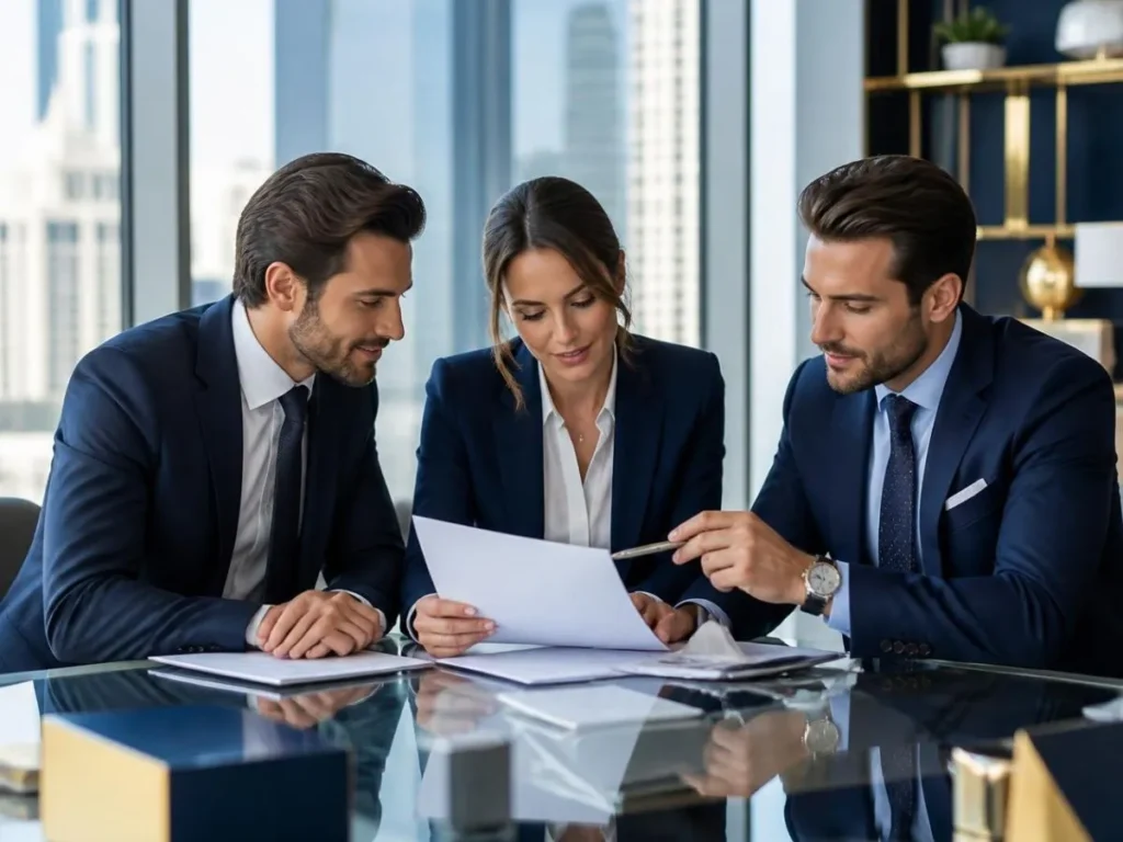 Corporate consultants reviewing documents in a modern office